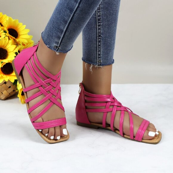 Women's Roman Gladiator Muliti Straped Back Zip Design Flat Heel Sandals Pink - Picture 4 of 6